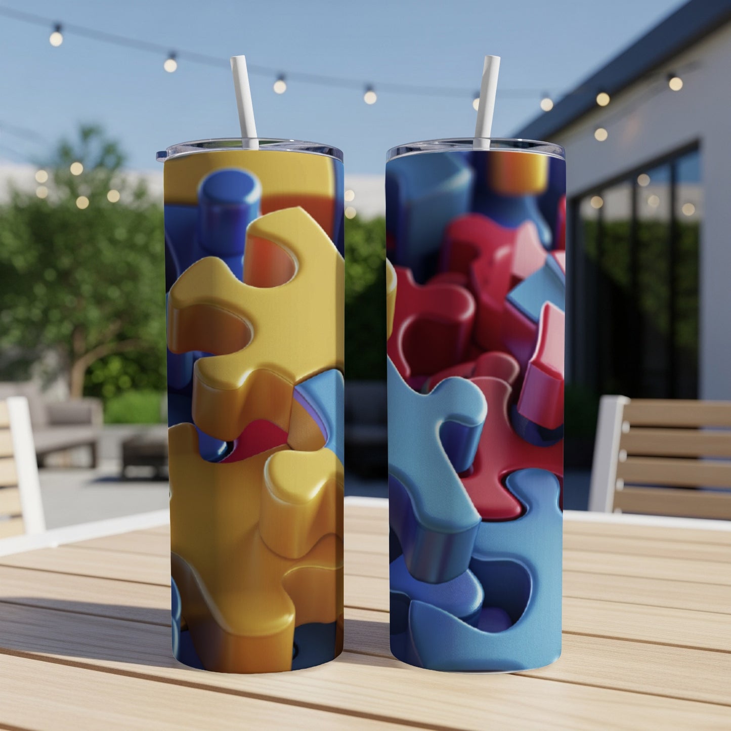 Two tumblers with colorful puzzle pieces, sitting on a wooden table outdoors.