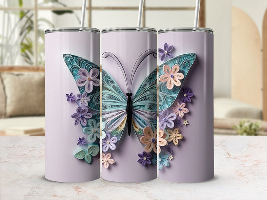 Three tumblers with a blue butterfly and purple floral design.
