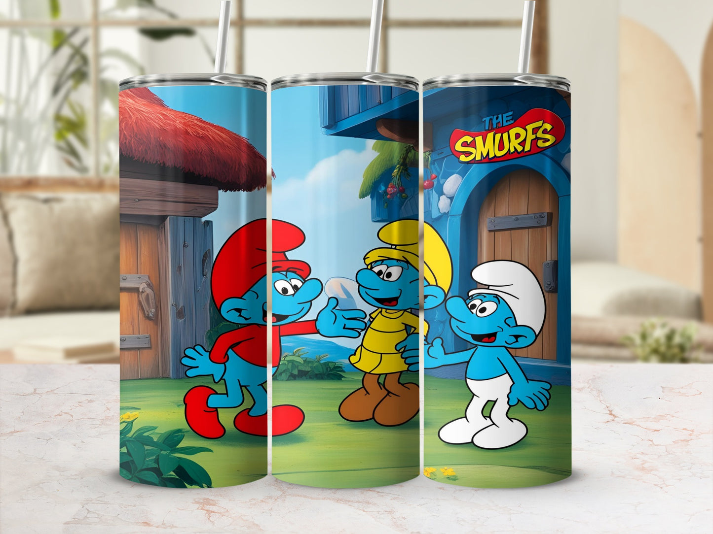 Smurfs characters Papa Smurf, Hefty Smurf, and Brainy Smurf in a cartoon village.