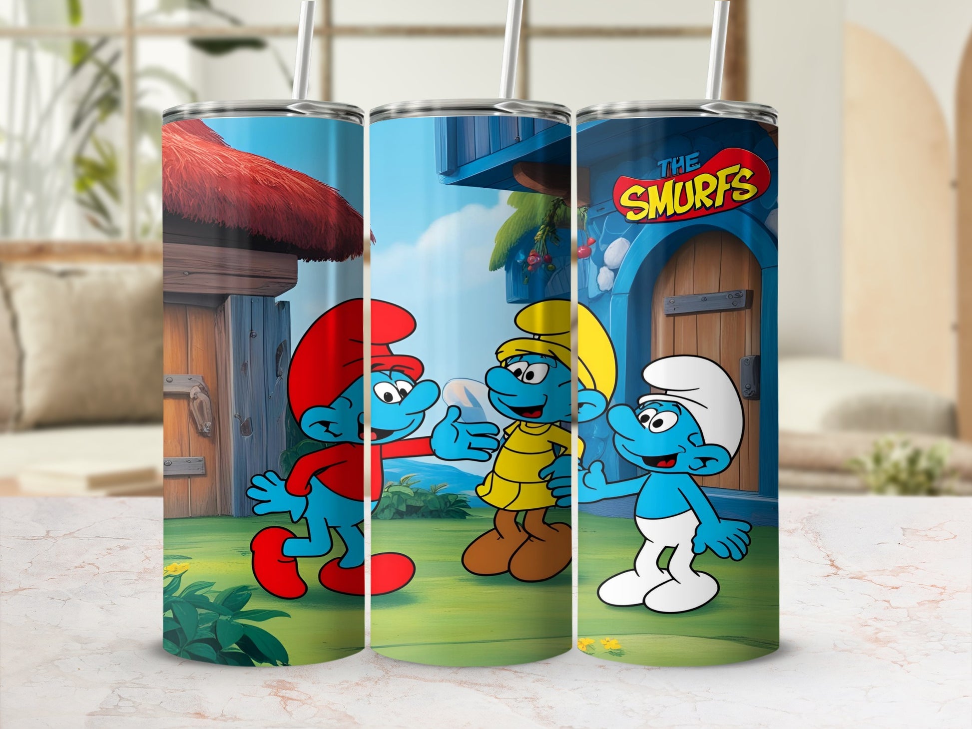 Smurfs characters Papa Smurf, Hefty Smurf, and Brainy Smurf in a cartoon village.