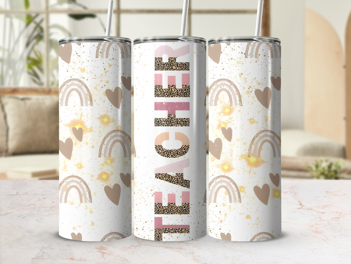 White tumbler with "Teacher" in leopard print, rainbow, and heart pattern.