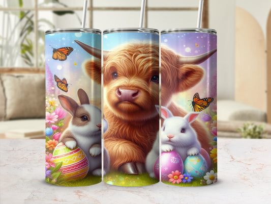 Highland cow and bunnies with Easter eggs and butterflies.