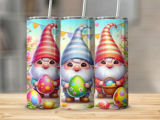 Three gnomes in striped hats hold Easter eggs, with a basket of eggs beside them.