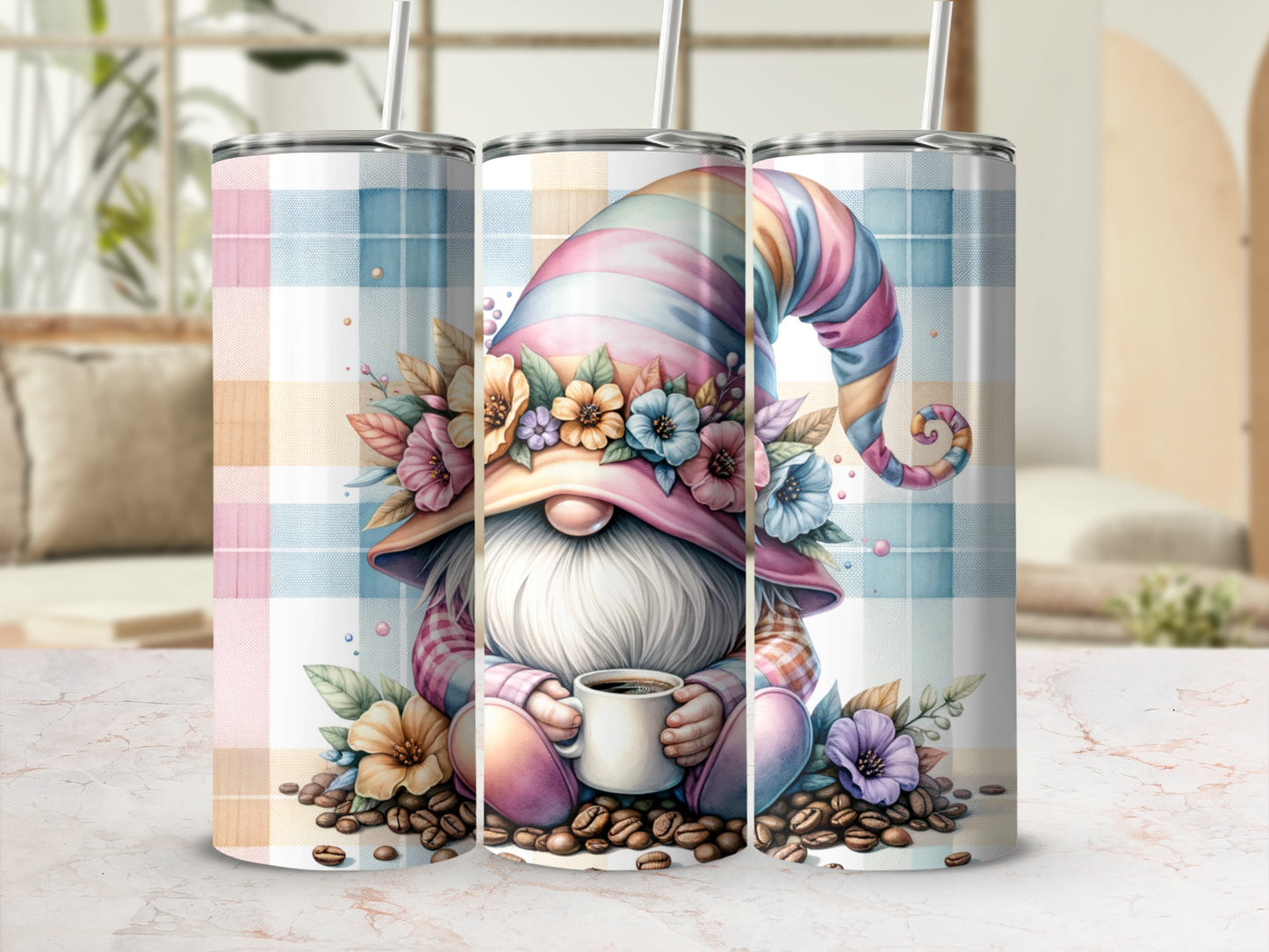 Gnome with colorful hat and flowers holding coffee mug.