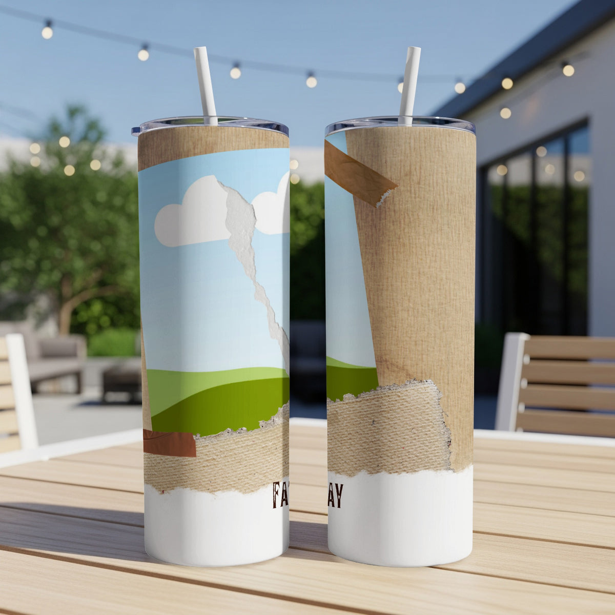 Two tumblers with ripped cardboard and landscape designs, reading "FATHER'S DAY".