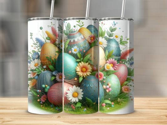 Easter eggs with floral accents on tumblers.