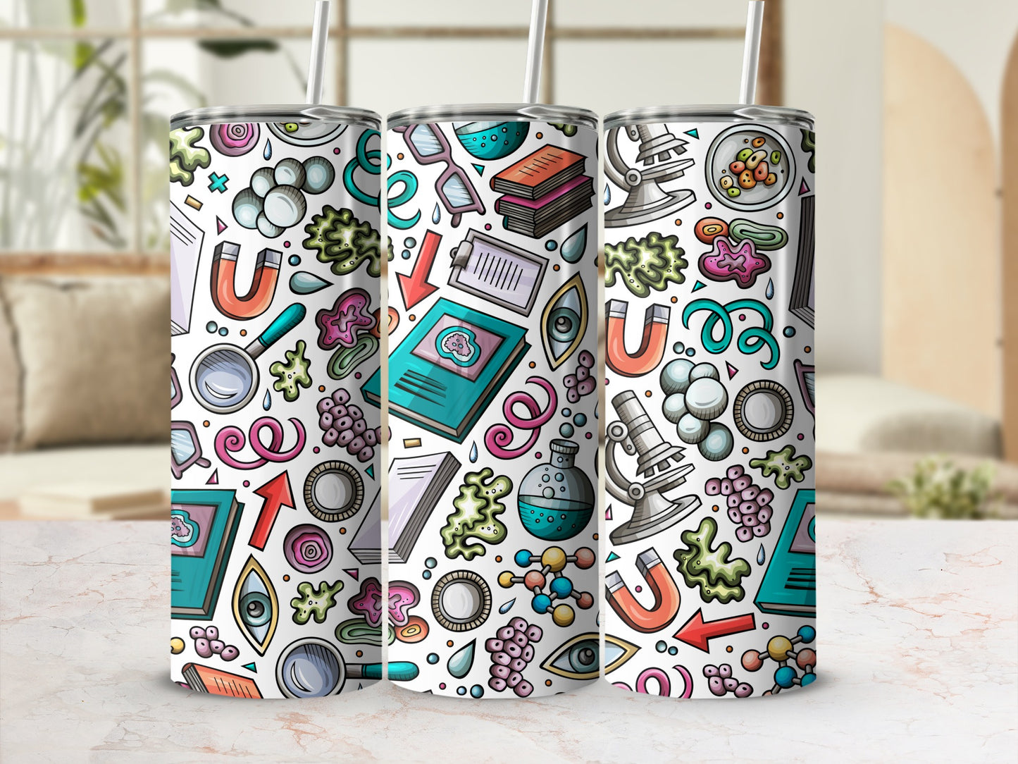 Colorful Science-Themed Pattern on Tumbler Product