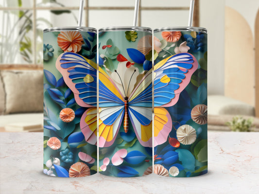 Three tumblers decorated with a large blue and yellow butterfly and floral patterns.