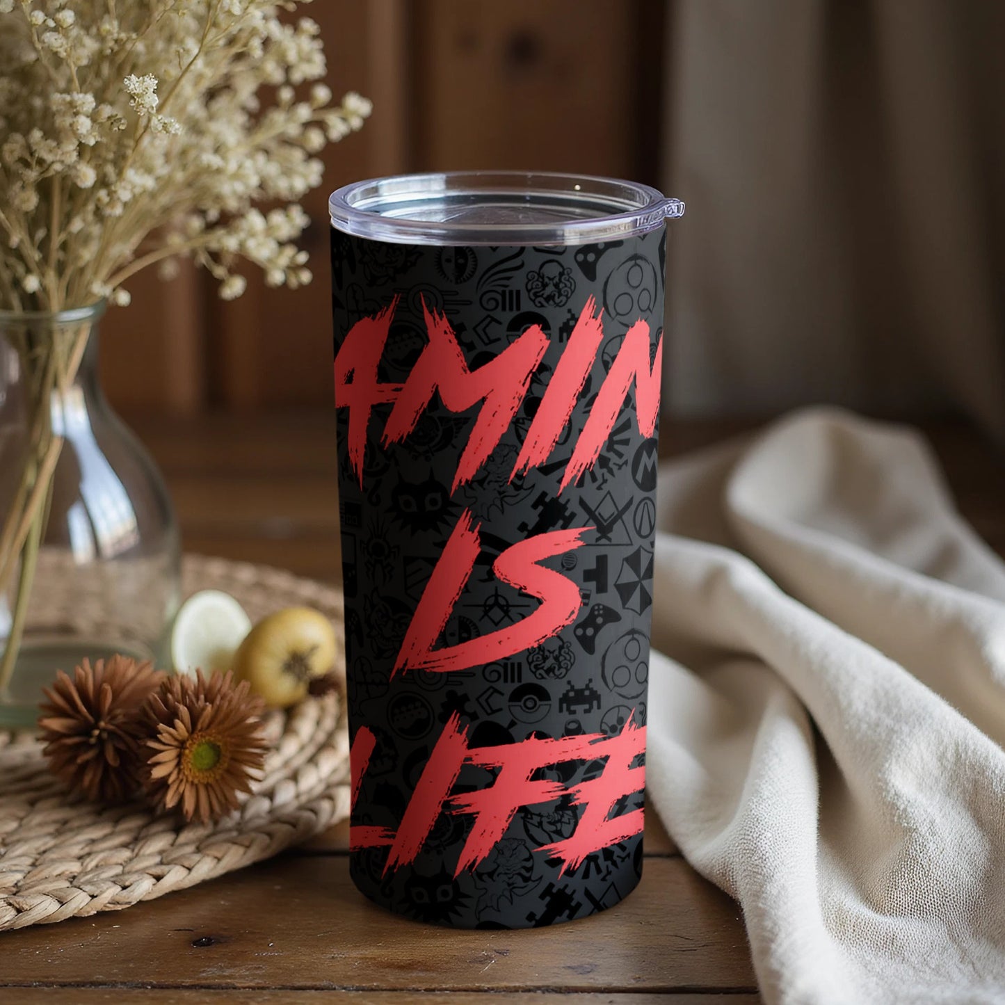 Gaming Is Life Black Tumbler with Pink Print Design