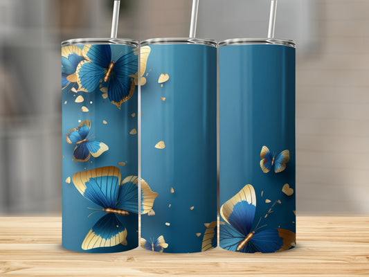 Three blue tumblers with gold butterflies and hearts scattered on a blue background.