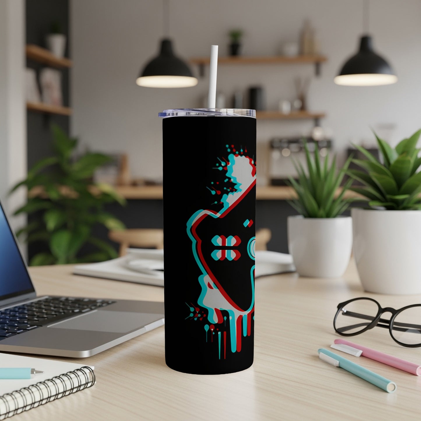 Black tumbler with a red and blue glitch effect controller design.