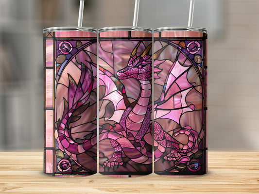 Pink stained glass dragon design on three tumblers with straws.