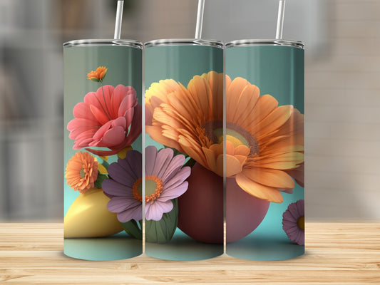 Three tumblers featuring vibrant floral arrangements in pastel colors.