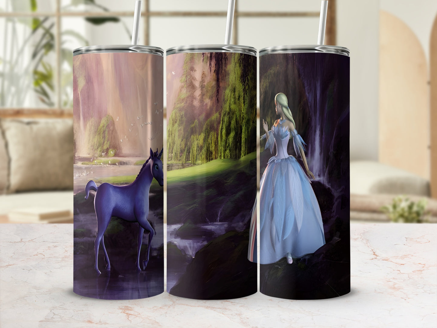 Three tumblers featuring a fantasy scene with a horse, a waterfall, and a princess.