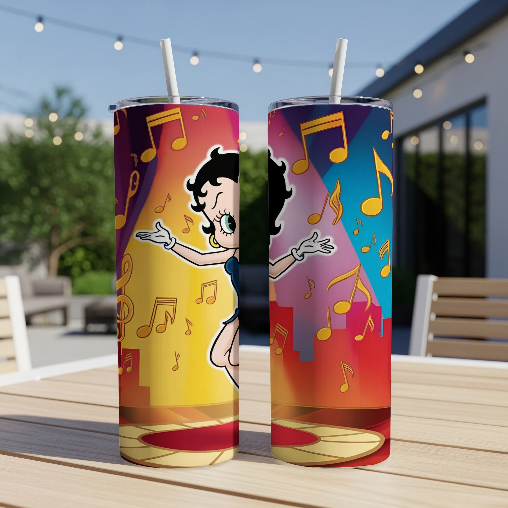 Betty Boop dancing with musical notes against a colorful cityscape.