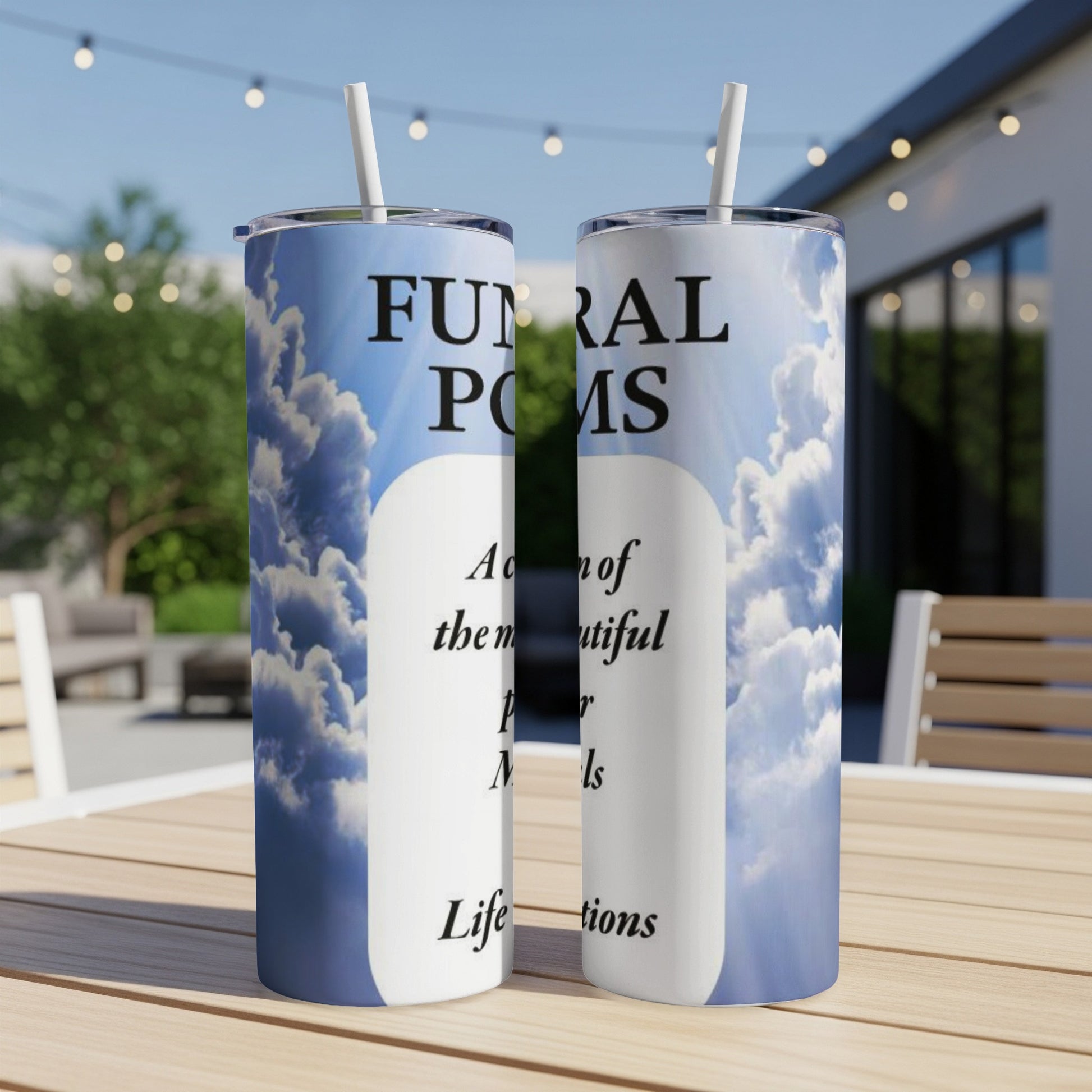 Funeral Poems book cover with fluffy clouds and blue sky.