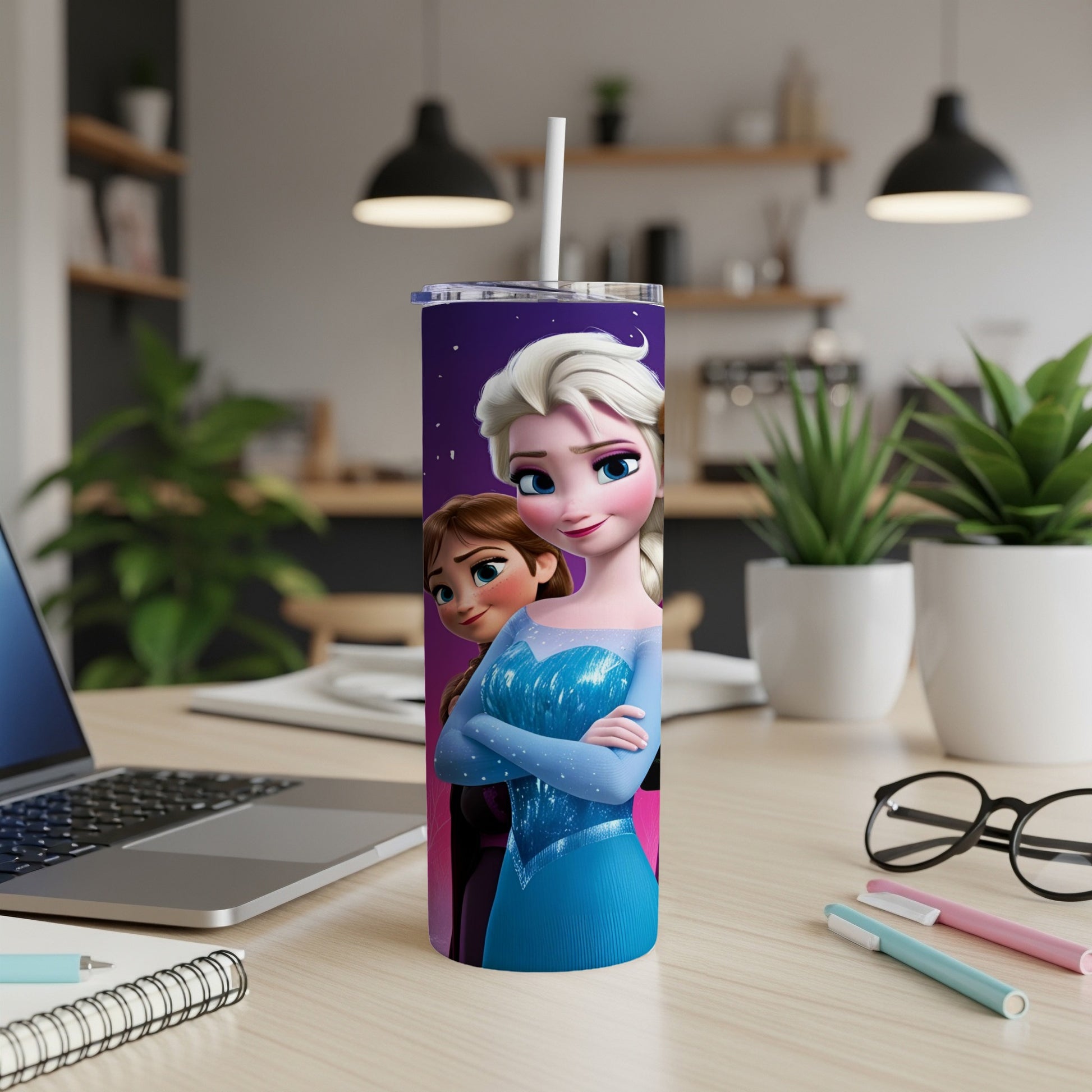 Elsa and Anna from Frozen on a purple background with a white straw.