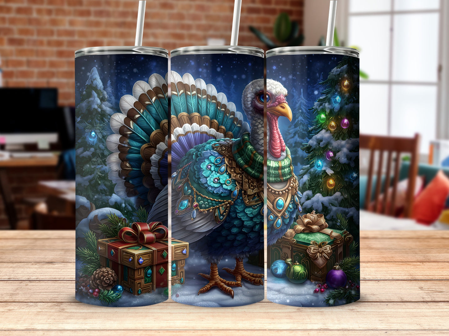 Festive Turkey with Christmas Gifts Tumbler Flask