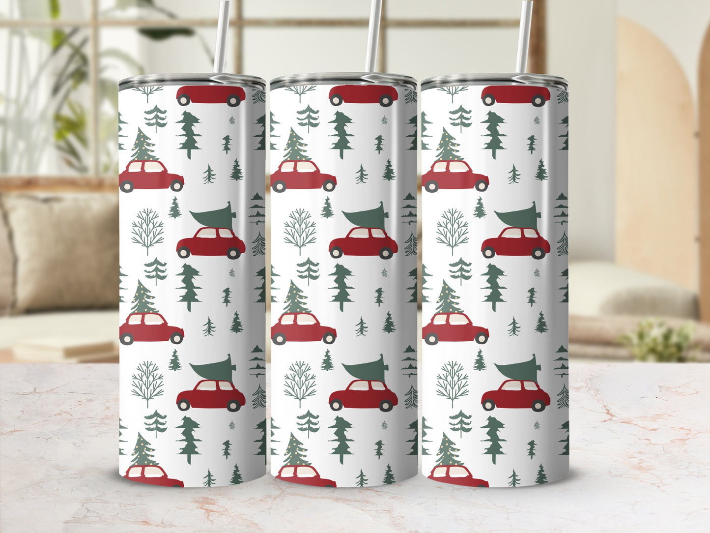 Tumbler with red cars and green trees pattern.