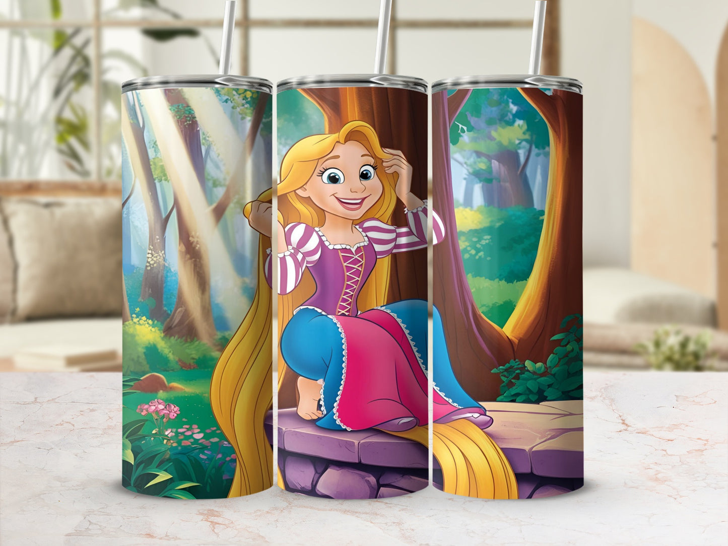 Tangled's Rapunzel sitting in a forest on a stone wall.