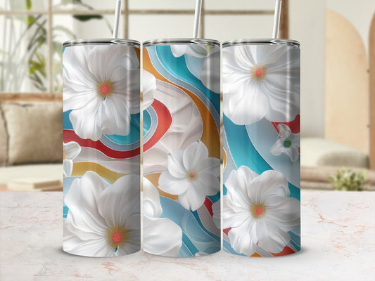 Three tumblers with white floral pattern and abstract colorful swirls.
