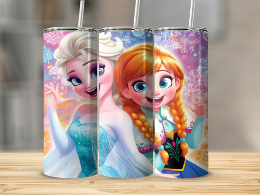 Elsa and Anna from Frozen smiling and waving, surrounded by snowflakes.