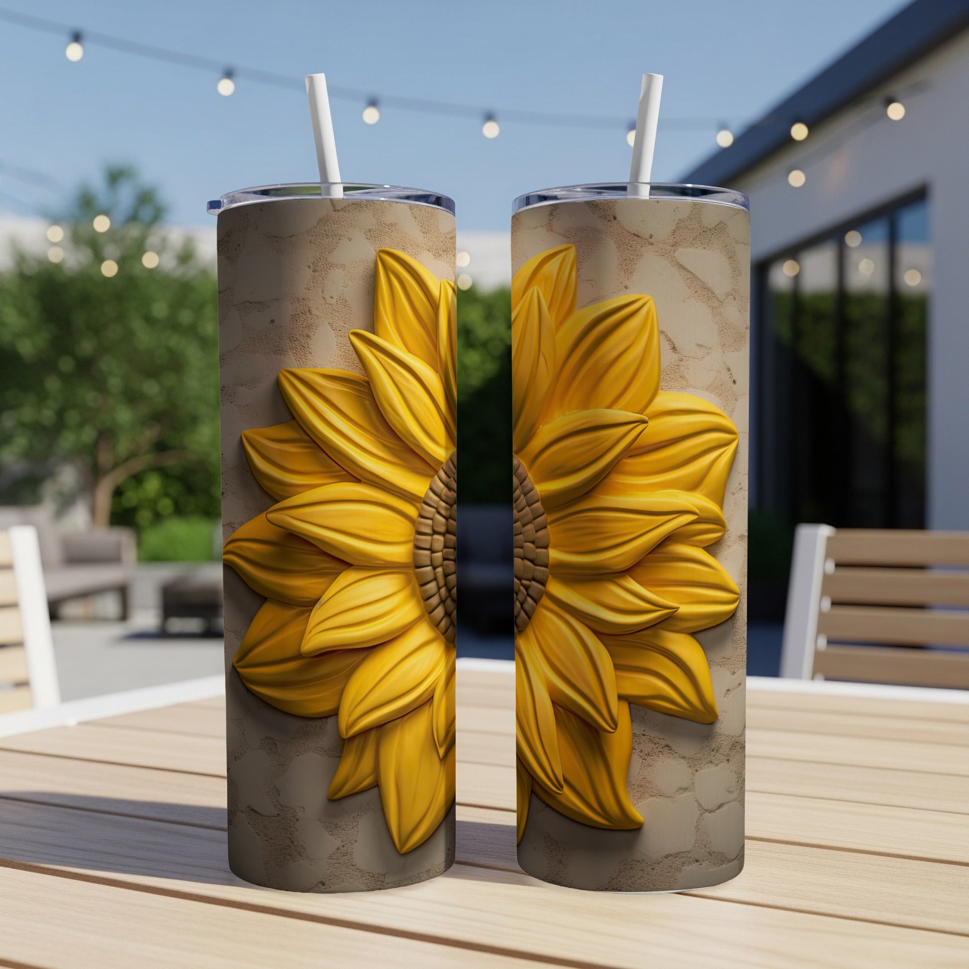 Two tumblers with a detailed yellow sunflower design sit on a table outdoors.