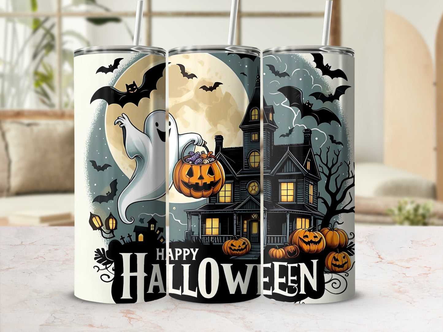 Halloween tumblers with ghost, bats, pumpkins, and haunted house design.