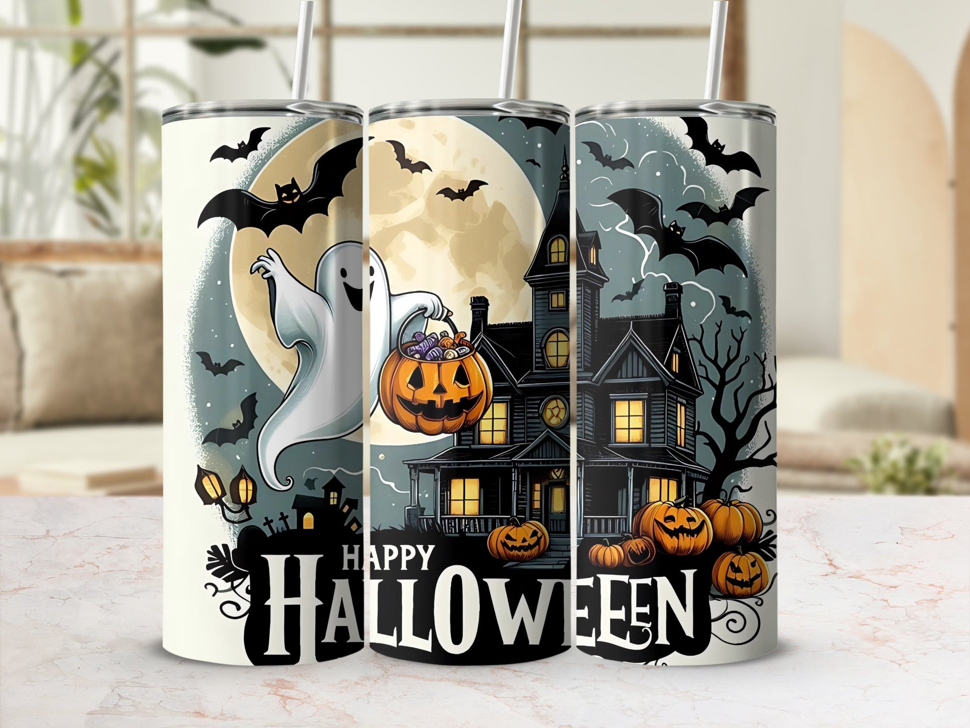 Halloween tumblers with ghost, bats, pumpkins, and haunted house design.