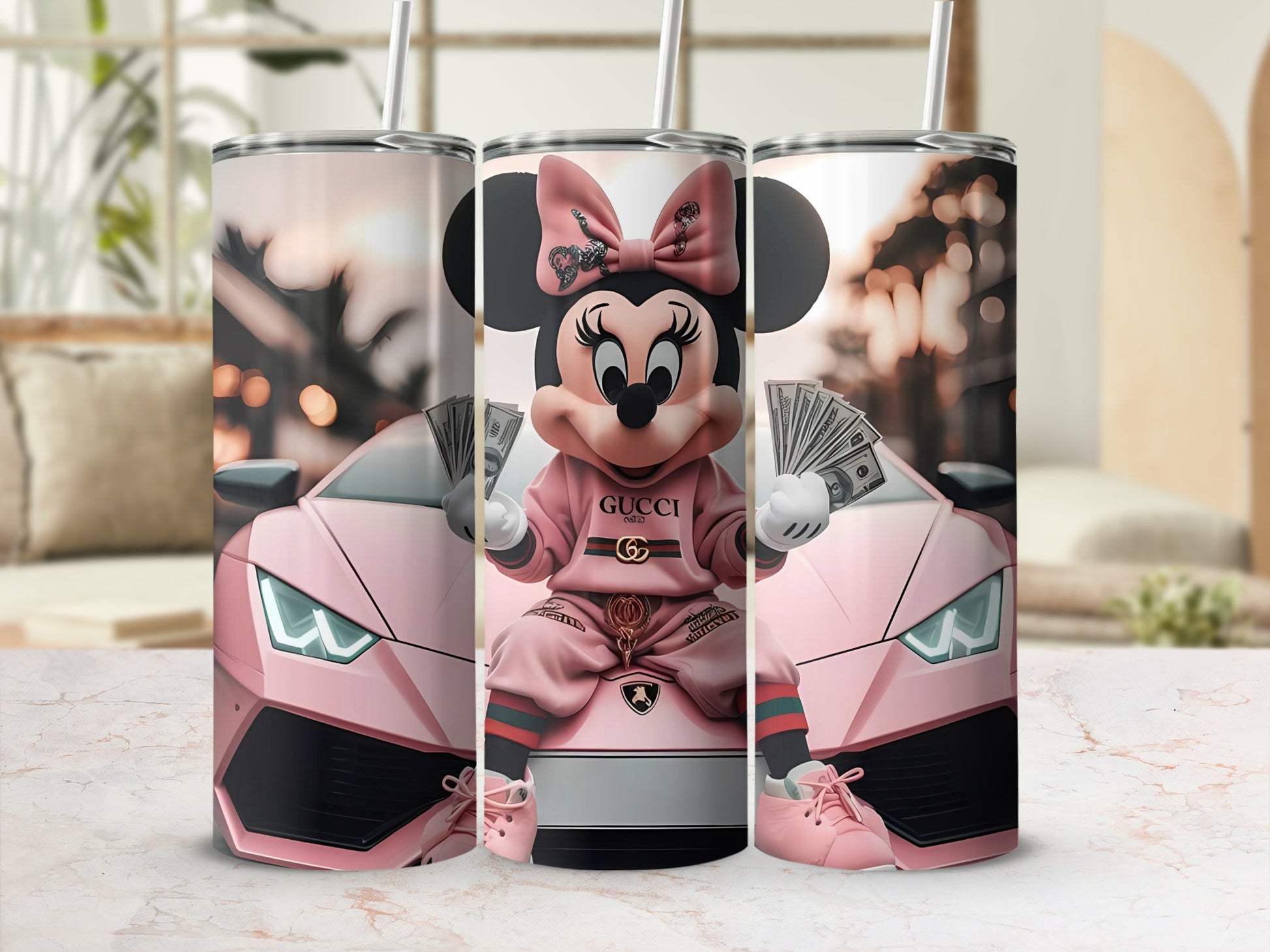 Minnie Mouse and Pink Car Design Tumbler Cup