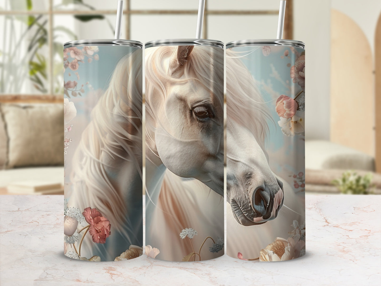 Three tumblers featuring a white horse with floral accents.