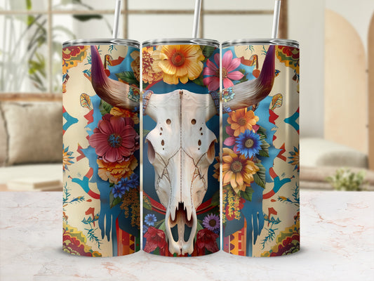 Floral skull tumbler with colorful patterned background.