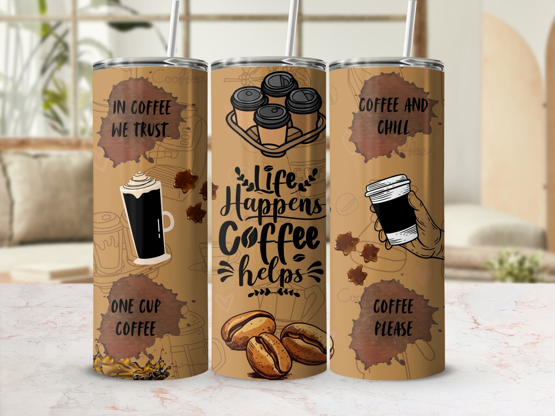 Coffee Themed Tumblers with Motivational Coffee Quotes