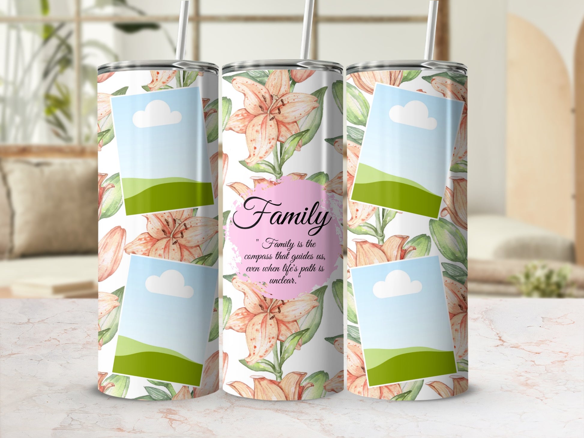 Tumbler with floral pattern, frame placeholders, and "Family" quote.