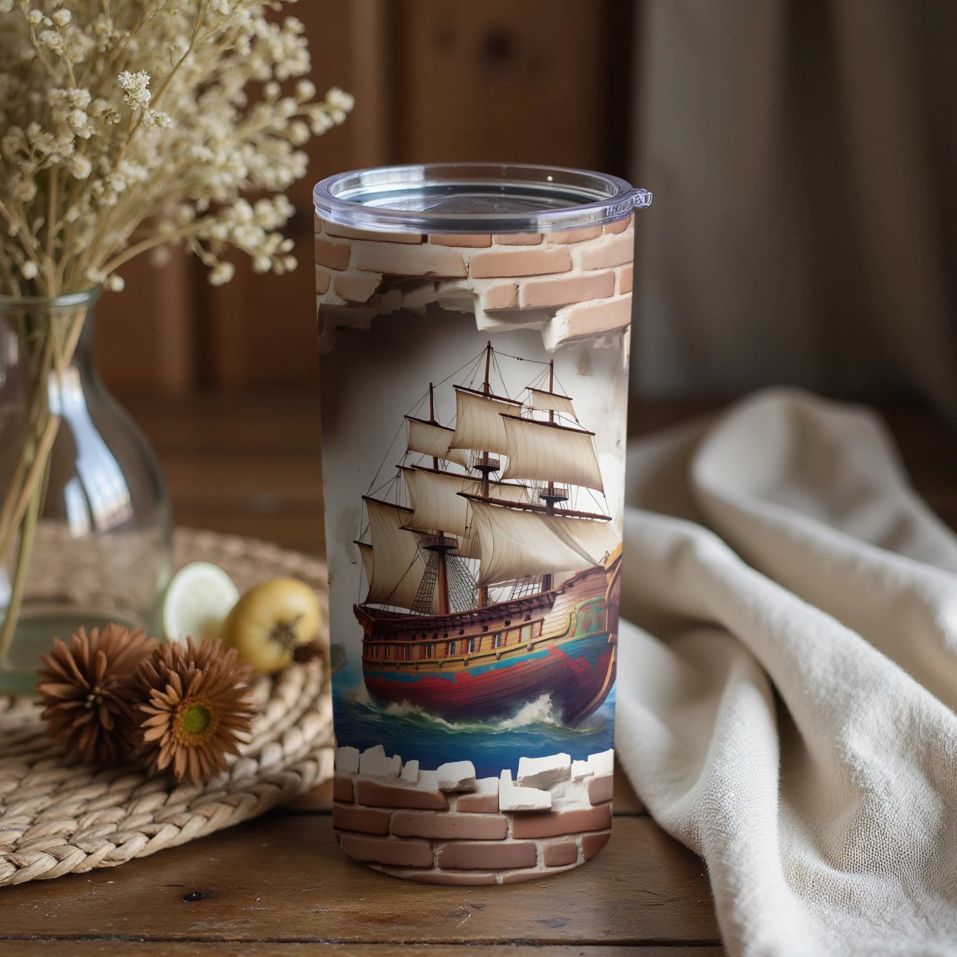 Vintage Sailing Ship Tumbler with Brick Wall Design