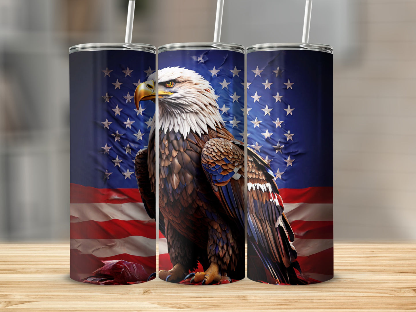 Eagle and American flag design on a tumbler.