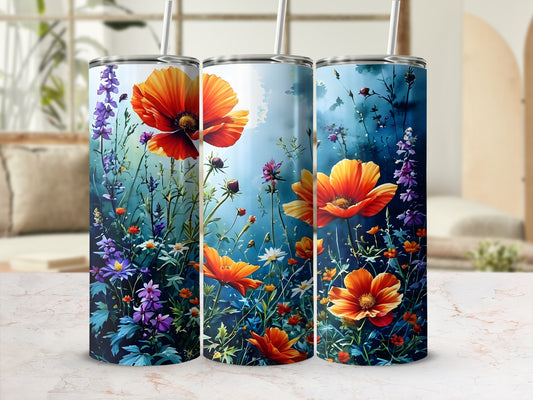 Three tumblers with a vibrant floral design featuring poppies and wildflowers.