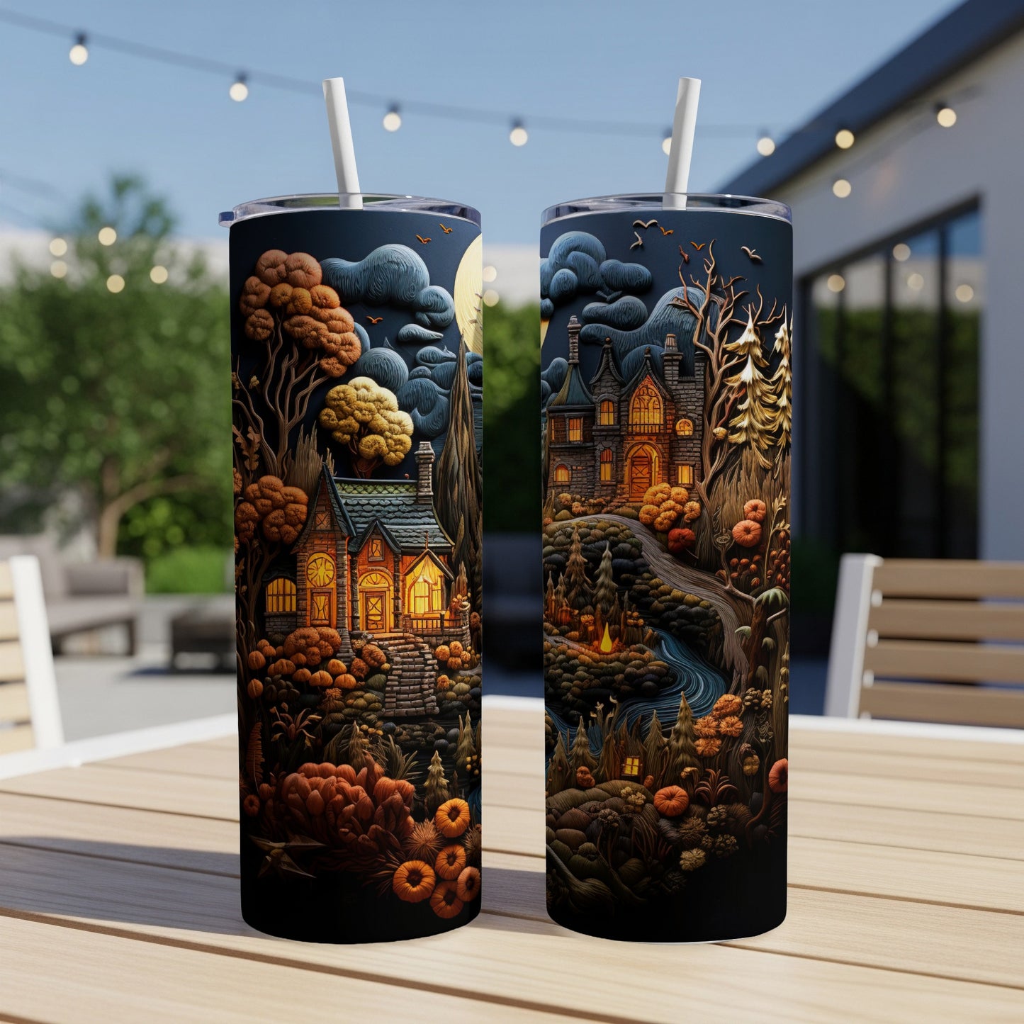 Two tumblers with a Halloween haunted house and pumpkin scene wrap.