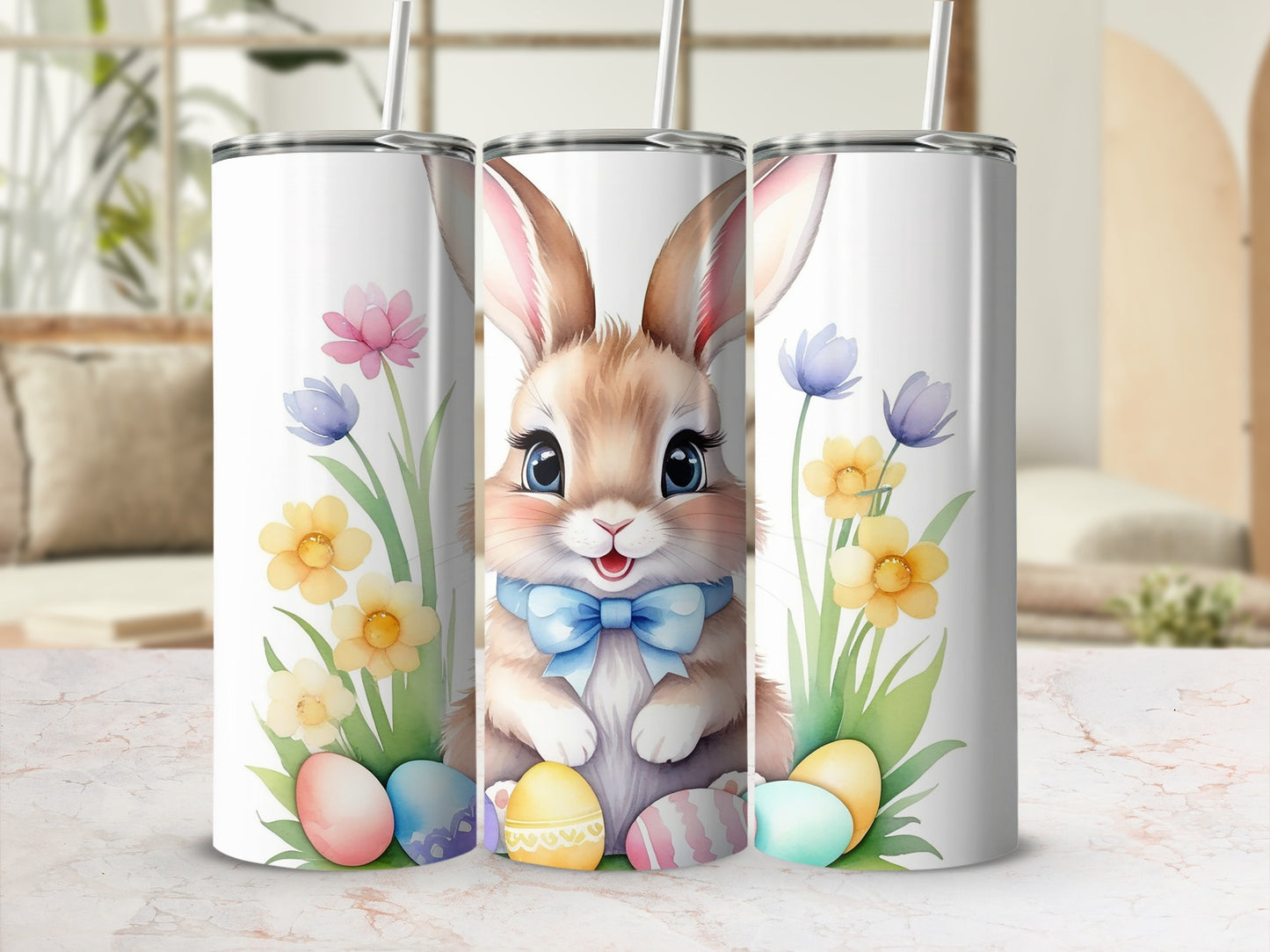 Easter bunny with colorful eggs and flowers on a white tumbler.