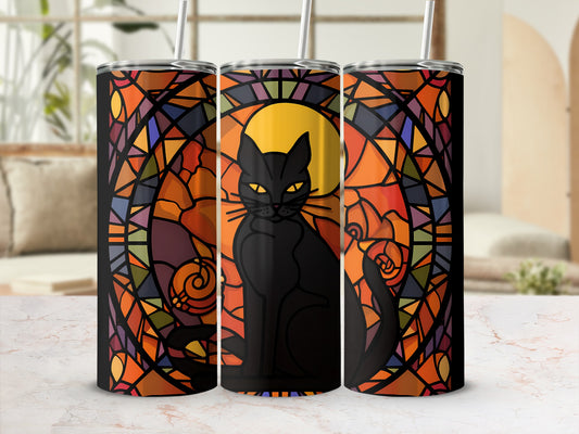 Black cat in stained glass window design on a tumbler.
