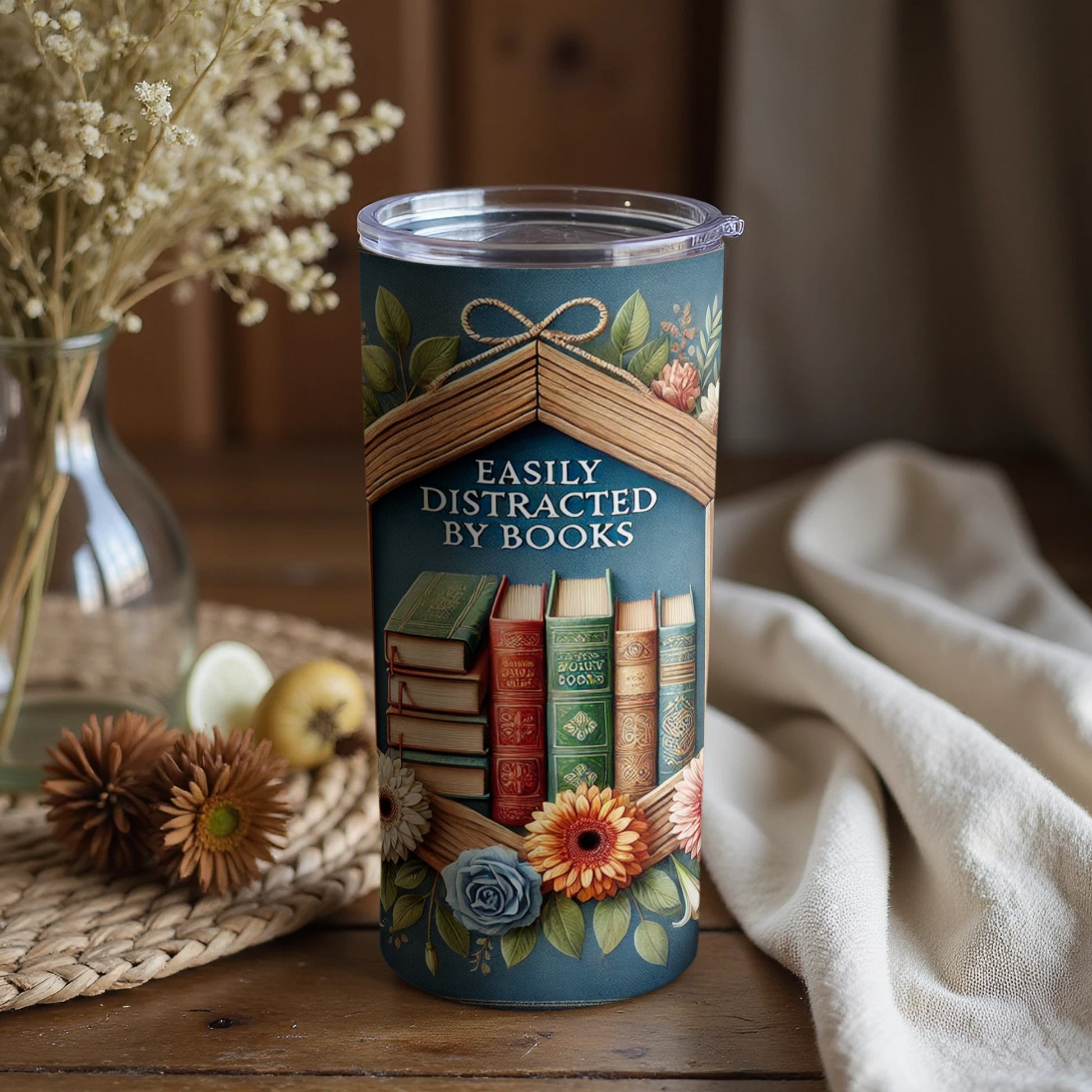 Adorned Tumbler with Books Easily Distracted Design