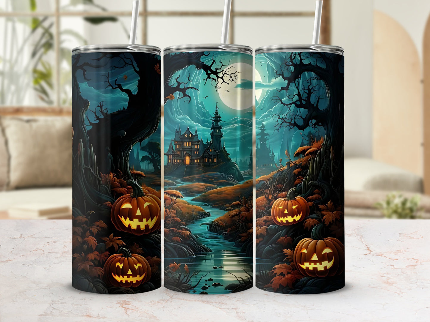 Three tumblers with Halloween theme: haunted house, jack-o'-lanterns, and spooky forest.