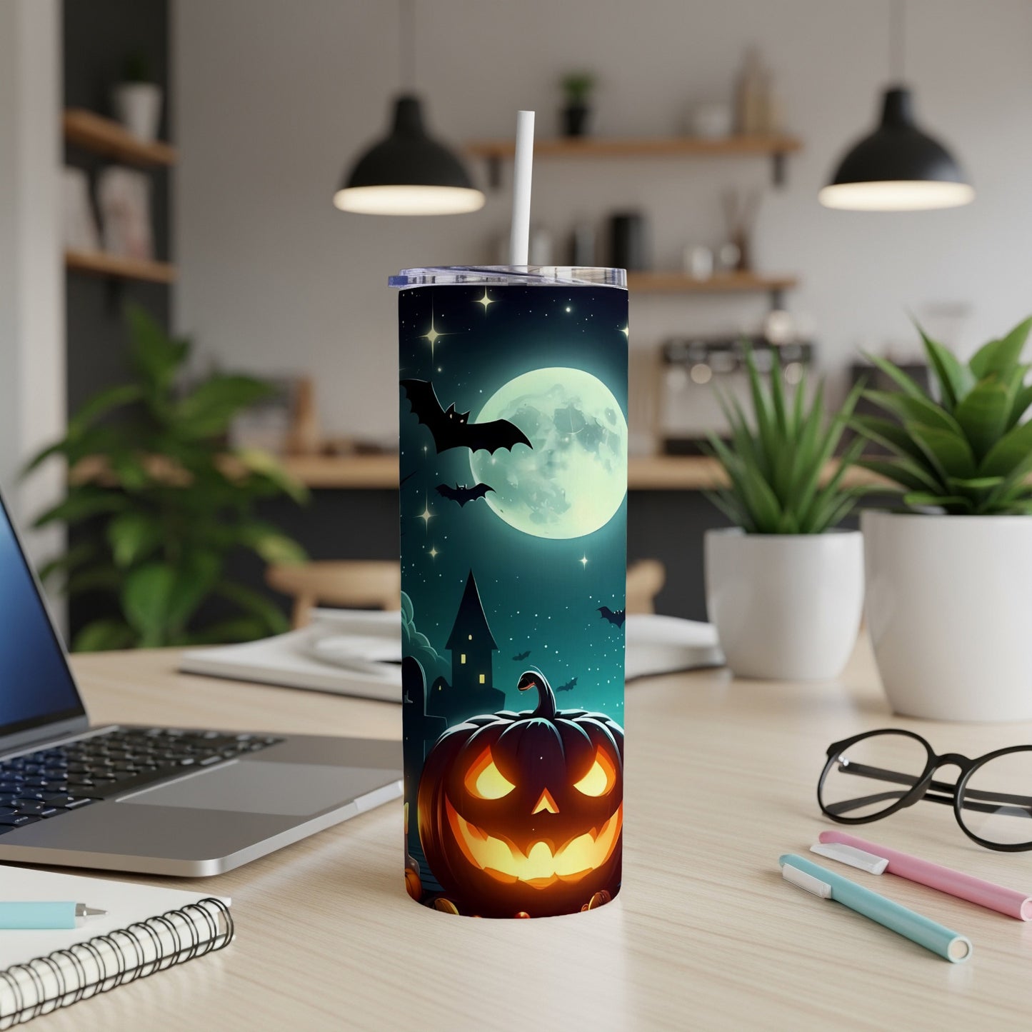 Halloween tumbler with a spooky jack-o'-lantern, bats, and a full moon scene.