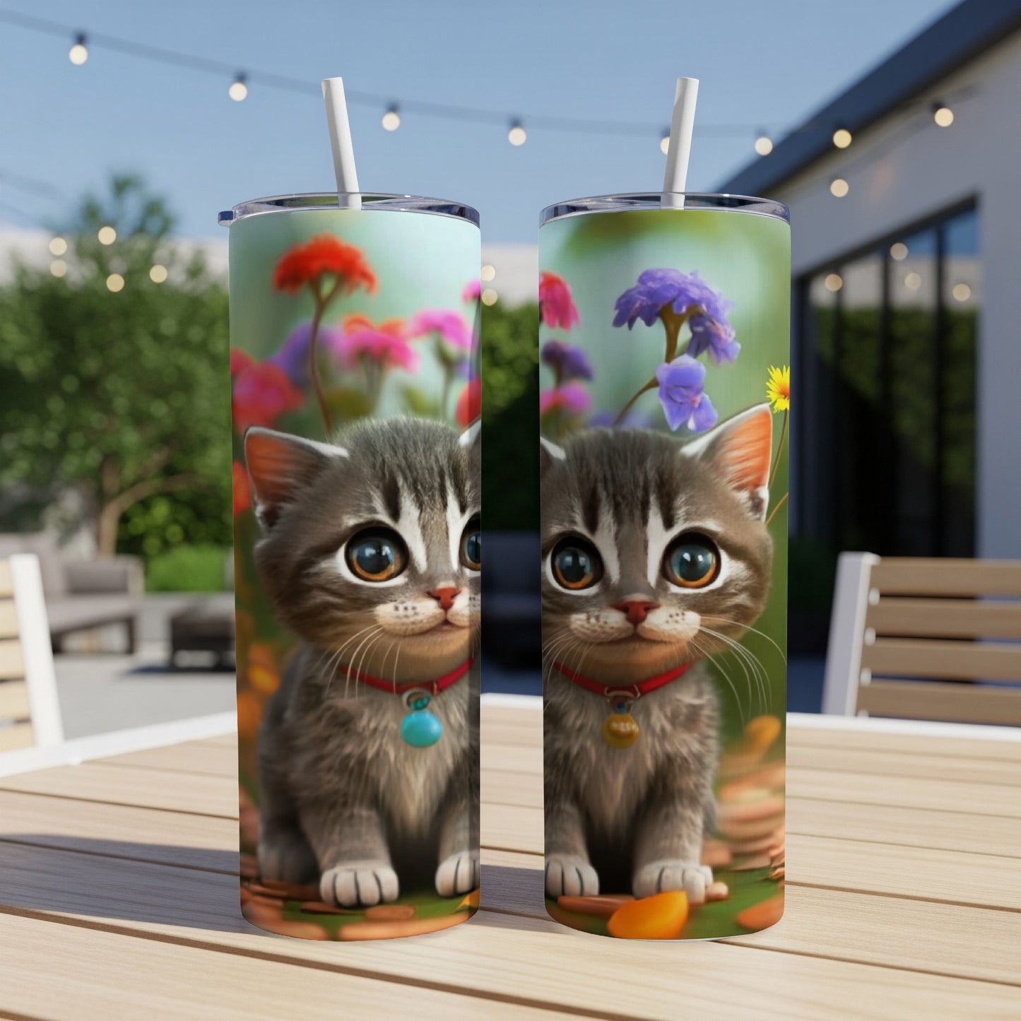 Two tumblers featuring a cartoon kitten with big eyes, wearing a red collar.