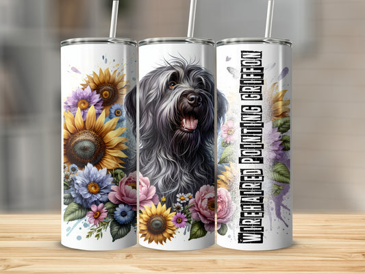 Wirehaired Pointing Griffon on a tumbler with sunflowers and watercolor splashes.
