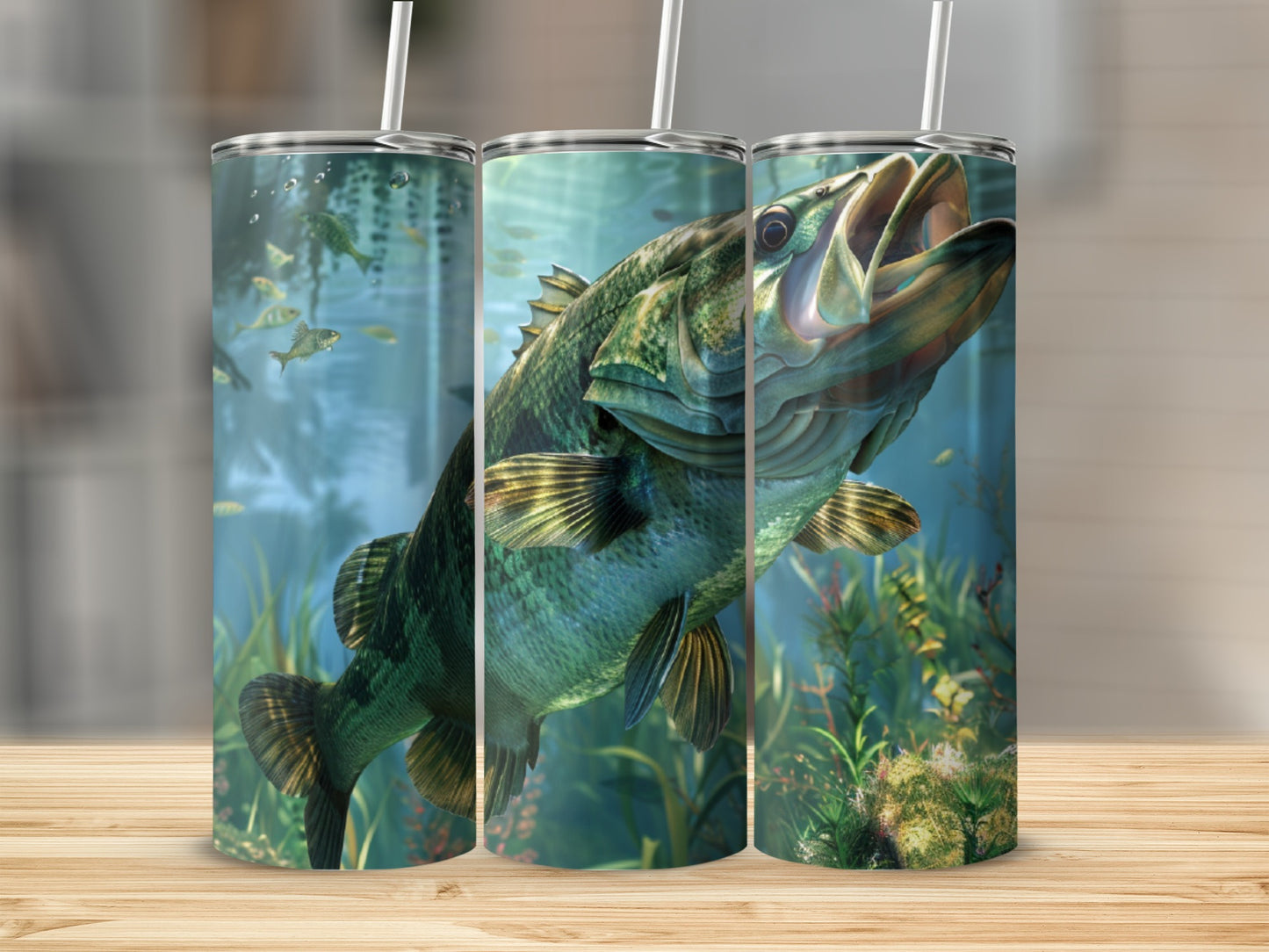 Triptych of a large bass fish in clear water with aquatic plants and smaller fish.