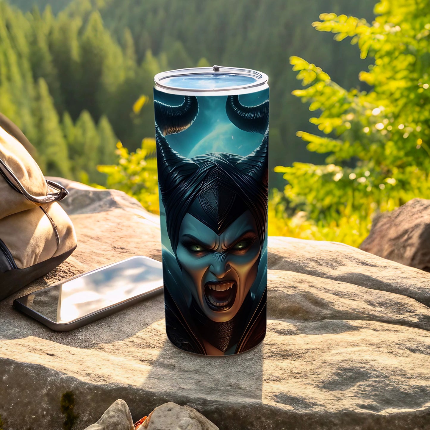 Striking Outdoor Scene with Fierce Character Art Tumbler