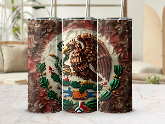 Mexican flag emblem with eagle and snake on a tumbler.