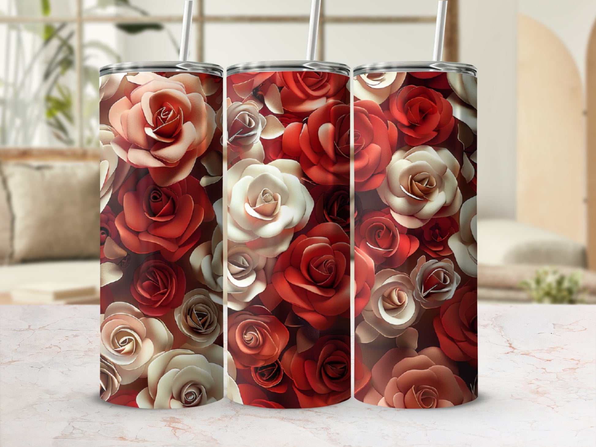 Three tumblers with red and white roses.
