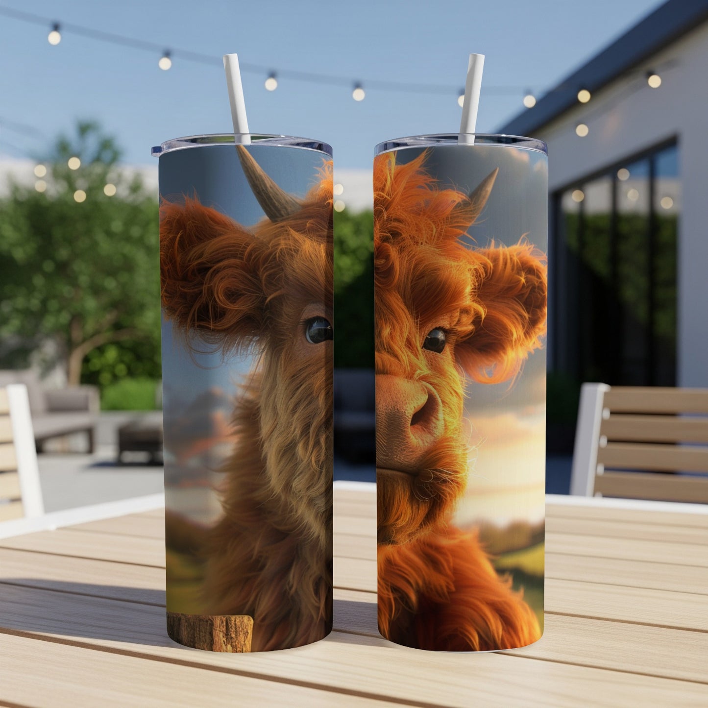 Fluffy Highland cow face on two tumblers outdoors on a table.